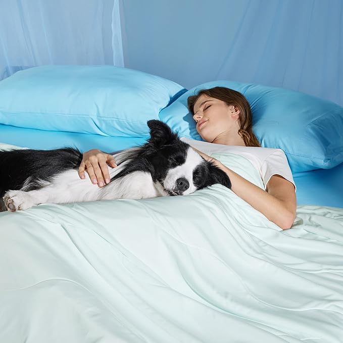 Bedsure Cooling Blanket for Large Dogs with Breathable Air-Core Fill Q-MAX>0.4 - Lightweight Pet Cat Throw Cold Blanket Washable for Summer，Soft Dog Cooling Mat for Couch Bed, Pale Jade, 50x60