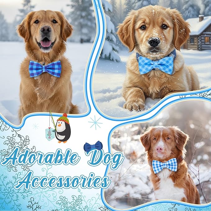 Hillban 50 Pcs Plaid Dog Bow Ties, Dog Collar Bowtie Attachments with Elastic Bands, Blue Check Bowknots for Pets, Grooming Accessories & Photo Props