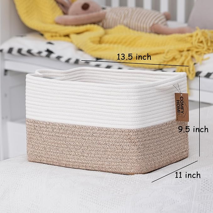 COMFY-HOMI Cotton Rope Woven Basket with Handles for Shelves,Toys,Book, Cloth Storage Baskets for Organizing-13.5" x 11" x 9.5" Toy Decorative Organizer for Living Room, Bathroom （White/Brown）