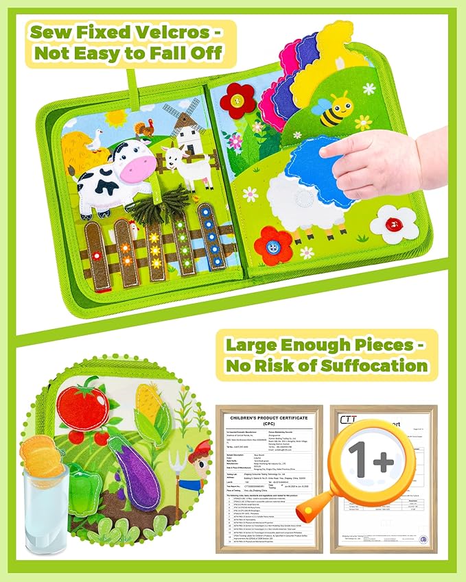 Busy Book for Toddlers 1-3, Montessori Toys for 1 2 Year Old Boy Girl Birthday Gifts, Busy Board Educational Learning Toys for 1+ Year Old, Toddler Airplane Travel Toy Farm Animals Activity Books