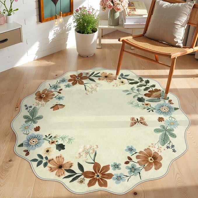 Lahome Floral Round Area Rugs, Washable Small Round Rug 3ft Non-Slip, Soft Boho