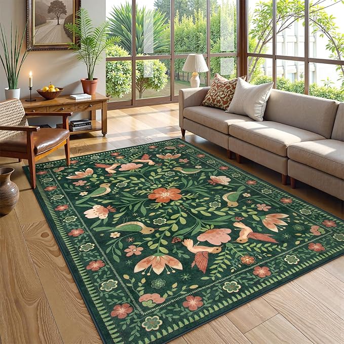Moynesa Boho Bird 6x9 Area Rugs, Washable Ultra-Thin Dark Green Rugs for Living Room, Soft, Low Pile, Indoor Boho Large Throw Carpet for Bedroom Dining Room Under Table Office Playroom