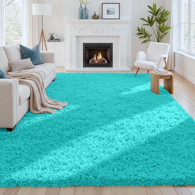 8x10 Area Rugs for Living Room Rug: Soft Fluffy Shag Teal Blue Rugs for Bedroom