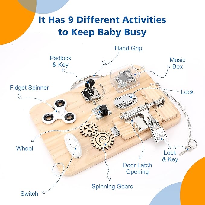 Wooden Montessori Toys Busy Board for 1 2 3 4 Year Old, Baby Toddler Sensory Toys, for Fine Motor Skills, for Autism ADHD