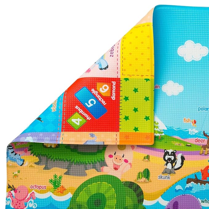 Baby Care Play Mat (Medium, Playful - Pinko & Friend) 73’’ x 49’’ Original One-Piece Reversible Rollable Waterproof Play Mat for Infants, Babies, Toddler, and Kids