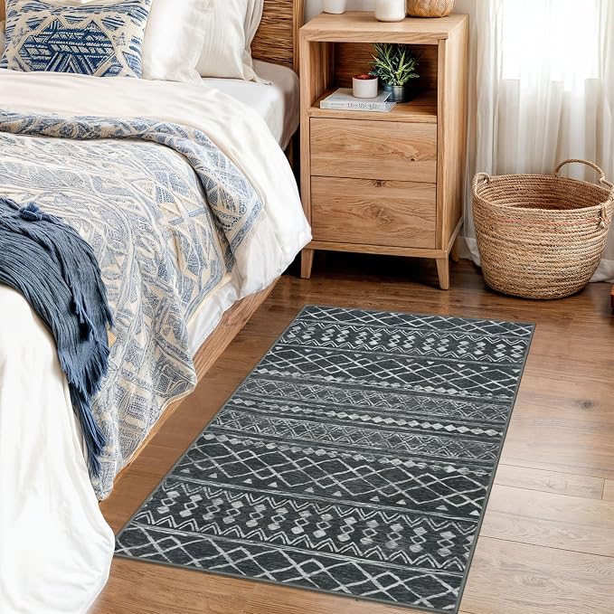 KUTA Washable Non-Slip Rugs for Entryway 2x3, Dark Grey Beige Moroccan Boho