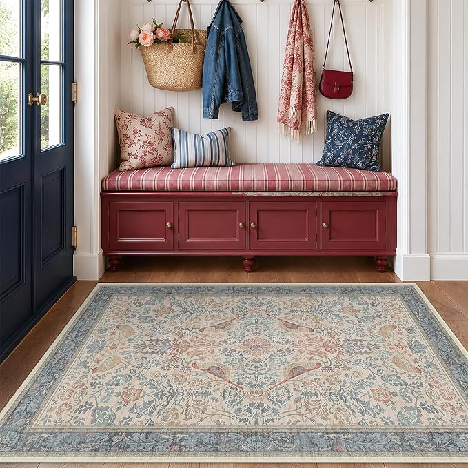 Boho Floral Bird Pattern 4x6 Large Mudroom Rug
