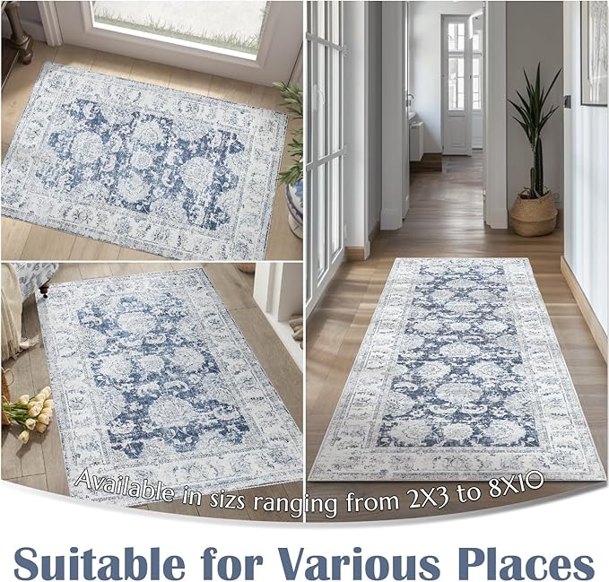 jinchan Runner Rug 2x6 Washable Hallway Runner - Vintage Floral Non Slip Low-Pile Soft Thin Kitchen Rug Distressed Carpet for Farmhouse Bedroom Entryway Laundry Room(2x6ft,Dark Blue)