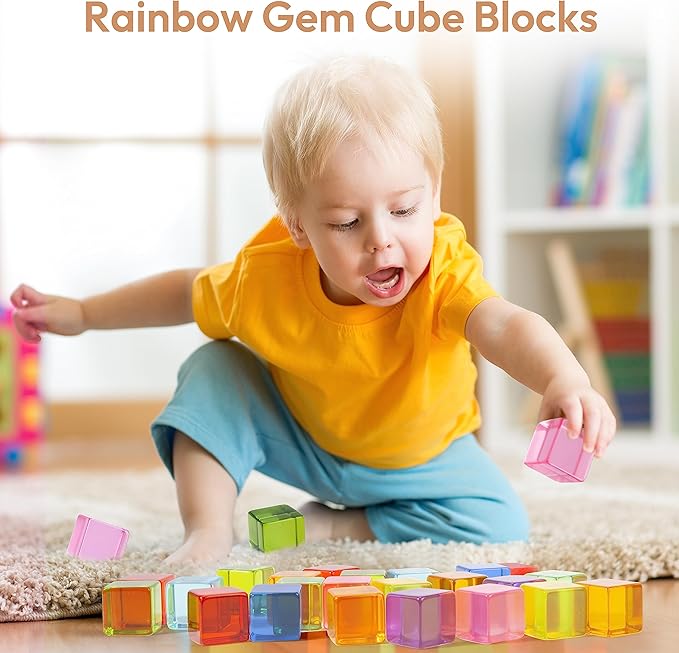 Wooden Building Blocks Set for Kids, 36 PCS Rainbow Acrylic Gem Cubes Blocks - 3 Wood House, Montessori Stacking Toy for Toddlers, Educational STEM Birthday Toys for Boys Girls 3-6