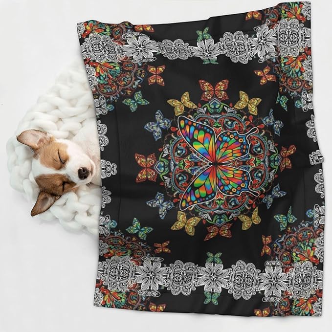 Reversible Plush Dot Pet Blanket for Dogs and Cats, Butterflies Mandala Rainbow Art Black and White, Ultra Soft Two Sided Design with Warm Fuzzy Side and Smooth Side for Comfort