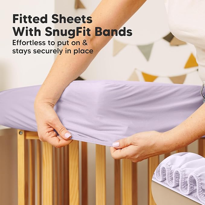 Waterproof Crib Mattress Protector Cover Fitted - 2-Pack Quiet Baby Crib Mattress Pad Sheets, 52" x 28" Soft Quilted Cotton Baby Sheet, Machine Washable, Easy Fit, Durable (Lilac/Quin)