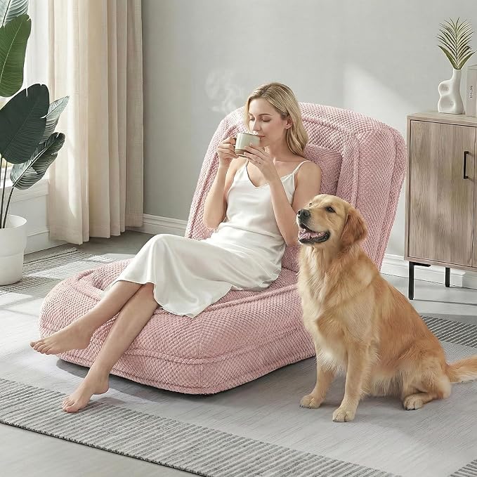 Human Dog Bed for Adults & Pets, 5-Position Adjustable Floor Chair, Convertible Lazy Sofa Bed with Metal Frame & 2 Pillows, Plush Gaming Lounge for Living Room Bedroom Office (Pink)