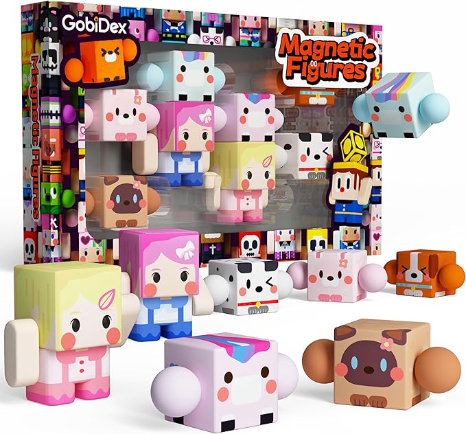 GobiDex 8PCS Magnetic Figures Playset Rotatable Animal & Character Toys for Kids, Toddlers Sensory Pretend Play Travel Toys Compatible with Magnet Blocks