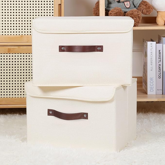 ANMINY Storage Bin with Lid Storage Boxes with PU Leather Handles PP Plastic Board Decorative Foldable Lidded Cotton Linen Fabric Home Cubes Baskets Closet Organizer Container - Beige, Large Size