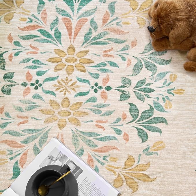 jinchan Round Rug 7ft Area Rugs,Vintage Floral Distressed Design Machine Washable Soft Non-Slip Low-Pile Ultra-Thin Circle Rug for Living Room Dining Room Bedroom Home Office (7' Round,Apricot Multi)