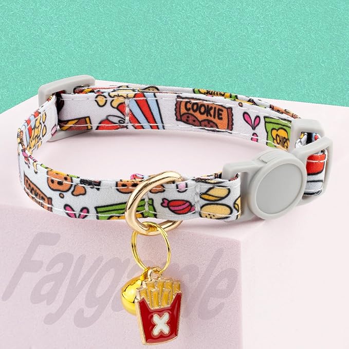 Faygarsle 2 Pack Breakaway Cat Collar with Bells for Female Malel Cats Cute Blue White Collar with Pizza Fries Charm for Cats