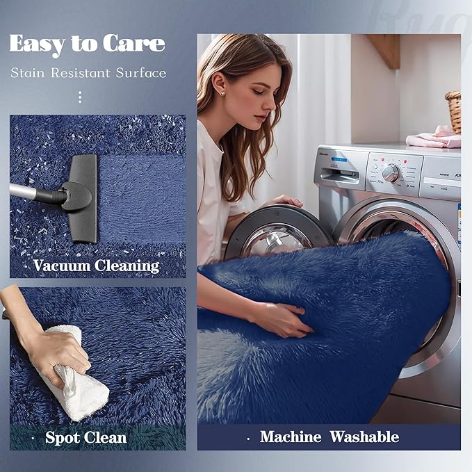 2x6 Runner Rug for Bedroom: Fluffy Shag Soft Washable Rugs Small Fuzzy Plush Indoor Carpet for Hallway Bedside Dorm Kids Girls Boys Room (Navy Blue, 2'x6')