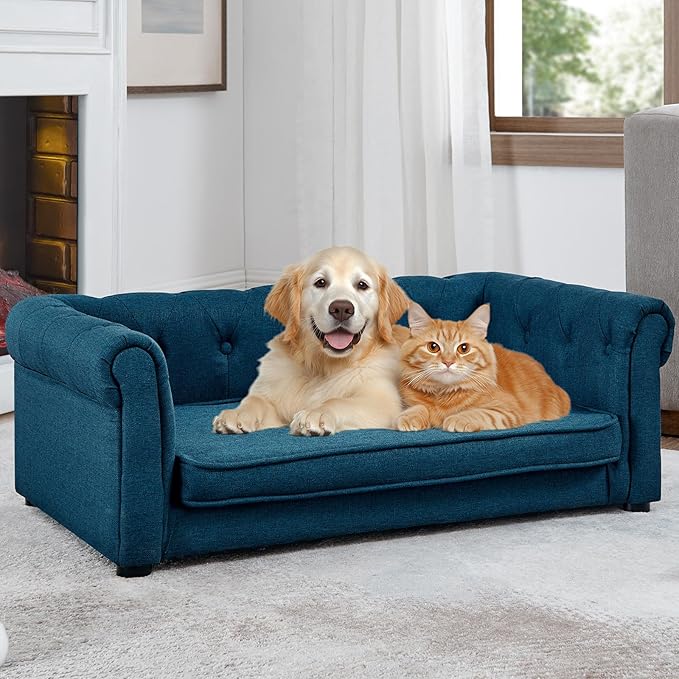 Elevated Rectangle Dog Sofa for Small & Medium Dogs - Comfortable Linen Fabric Dog Bed with Button Tufted Back, Durable Modern and Stylish Pet Bed for Living Room, Bedroom (Blue)
