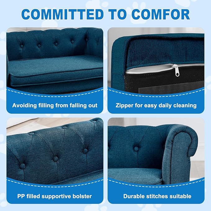 Dog Couch for Large Dogs, Elevated Durable Pet Sofa Bed, 24" W Comfortable Modern and Stylish Dog Sofa Couch with Dry Cleanable Fabric, Furniture for Medium & Large Breed (Blue)