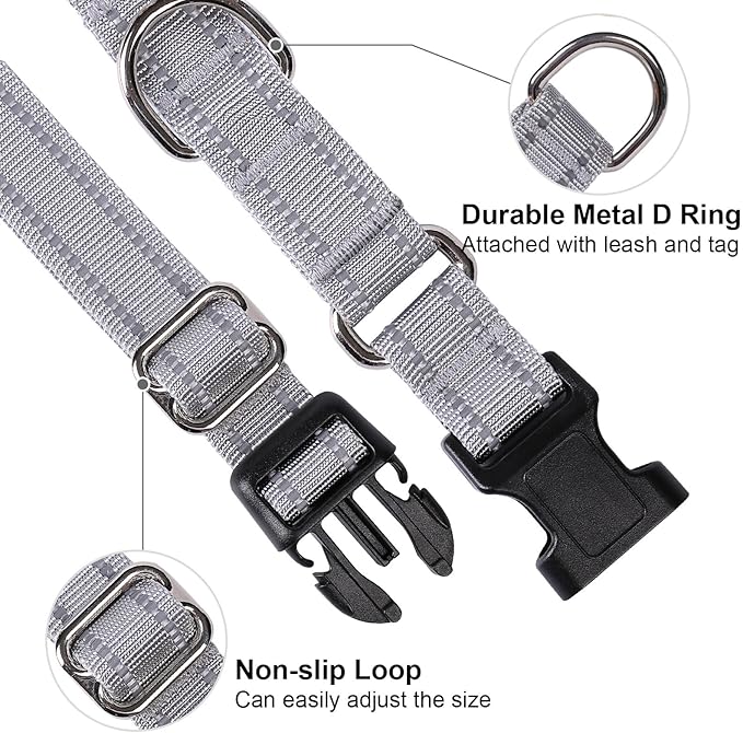 Martingale Dog Collar, Adjustable Nylon Reflective Collar with Buckle No Pull Dog Collar for Small Medium Large Dogs (Grey,L)