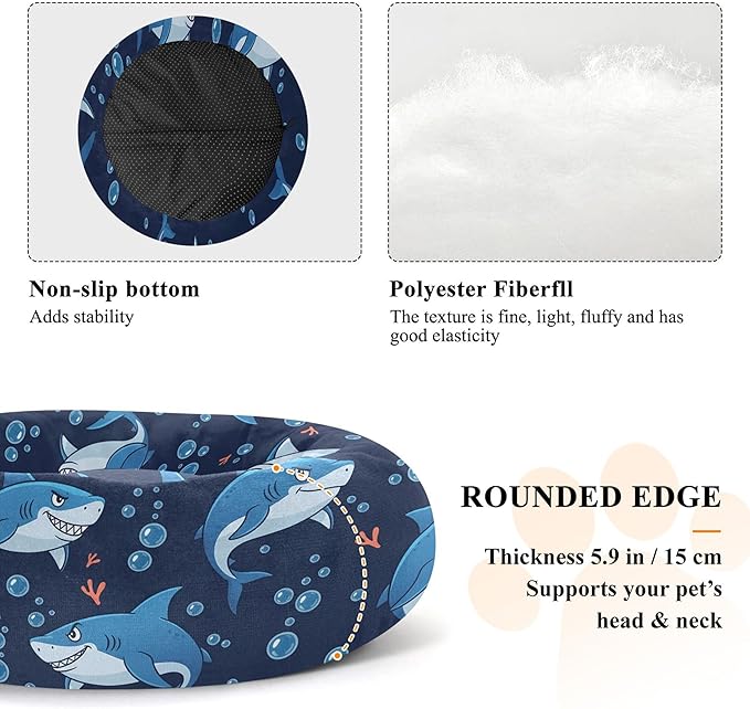 Burbuja Sharks Donut Pet Bed, Calming Soft Dog Bed with Anti-Slip Bottom, Round Cuddler Support for Dogs & Cats, Washable 16 in