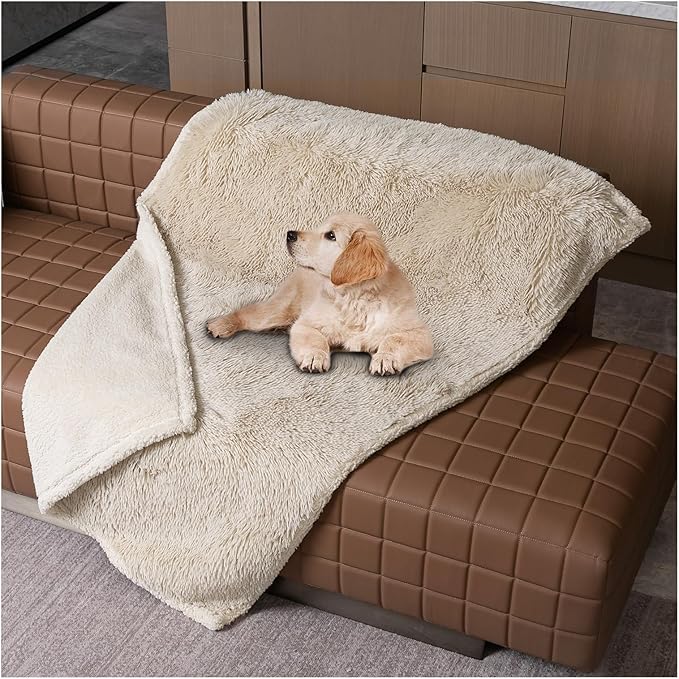 Calming Dog Blanket,Waterproof Long Faux Fur Pet Blankets for Medium Puppy Cat Reverible Sofa Couch Covers Washable Pets Ded Cover Cream S-40x28in