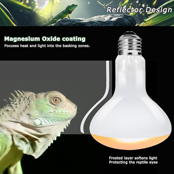 60W UVA Reptile Heat Lamp Bulbs, Basking Spot Light for Bearded Dragon, Lizard, Tortoise, Chicks & Amphibians – Simulated Sunlight, Daylight Bulb for Terrarium | 2 Pack, 2.5 Inch