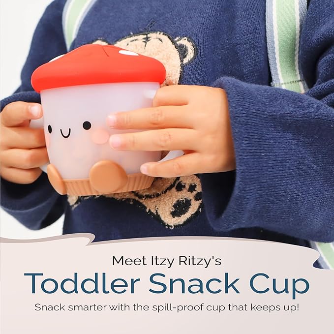 Itzy Ritzy Toddler Snack Cup - Spill-Proof Snack Cup for Toddlers with Soft Silicone Lid for Easy Food Access - Easy-To-Hold Kids Snacks Container With Handles - Ideal for 12 months & Up (Mushroom)