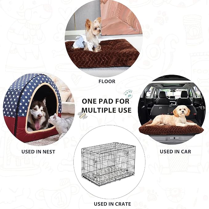 24 Inch Dog Bed for Crate, Washable Mats for Sleeping, Up to 25 lbs, Soft and Fluffy Small Crate Tire Printing Dark Brown S