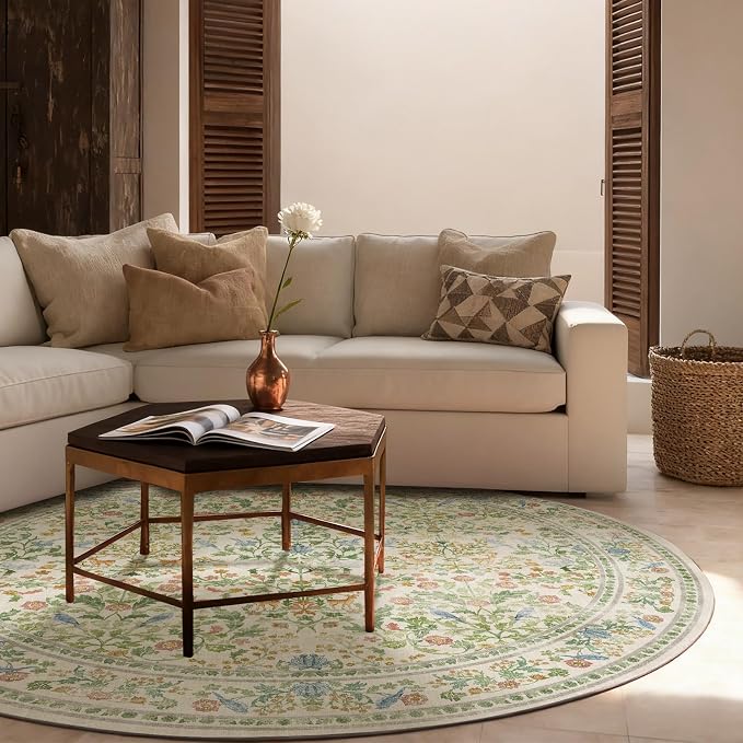 Washable Round Rugs for Bedroom 4ft: Living Room Rug Stain Resistant Non Slip
