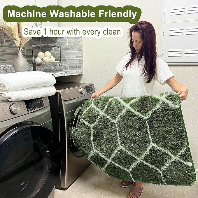 ONASAR 5x7 Area Rugs for Living Room Bedroom, Washable Fluffy Olive Green and White Throw Rug, Geometric Boho Soft Plush Shaggy Floor Carpet for Nursery Kids Girls Boys Teen Dorm Home Decor