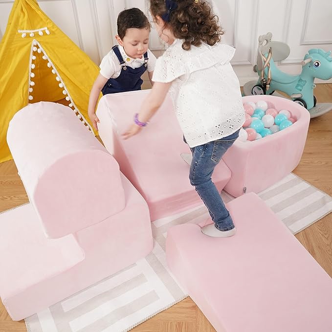 Foam Climbing Blocks for Toddlers 1-3 - Climb and Crawl Activity Playset - Indoor Activity Play Structure for Toddlers - Foam Soft Play Set for Babies - 5 PCS - Balls NOT Included - Pink