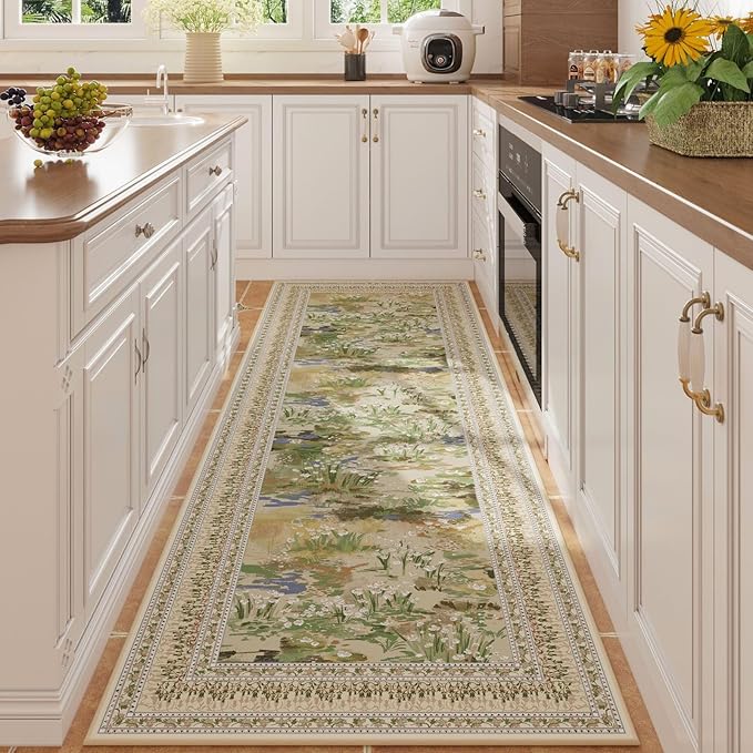 2x6 Runner Rug Impressionist-Style Vintage Kitchen Rugs Non Slip Washable Soft Carpet Runner for Kitchen Laundry Bedroom Bathroom, Beige