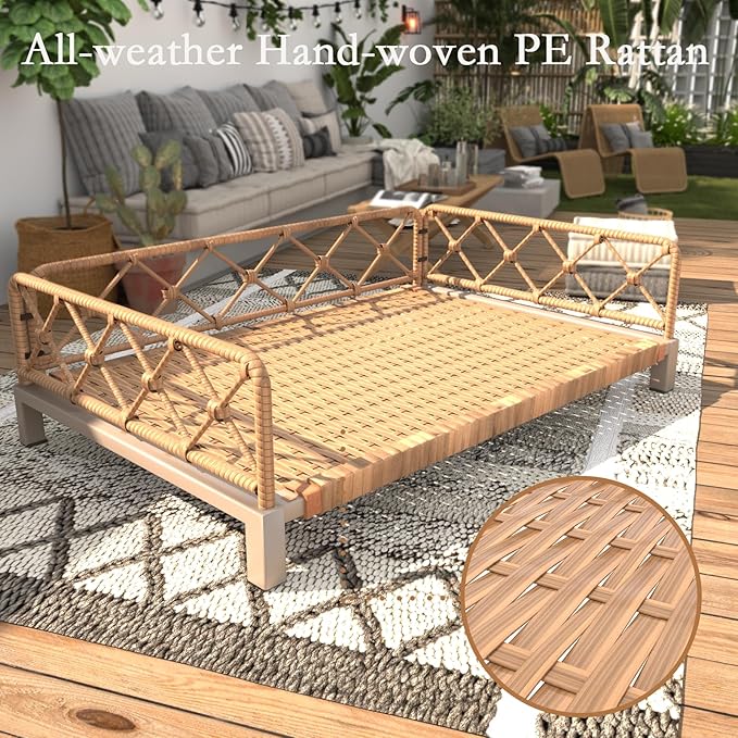 Dog Bed, Outdoor Waterproof Elevated Dog Couch with Washable Removable Cushion, Boho Rattan Wicker Orthopedic Indoor Raised Pet Sofa for Large Dogs (40" x 25", Brown)