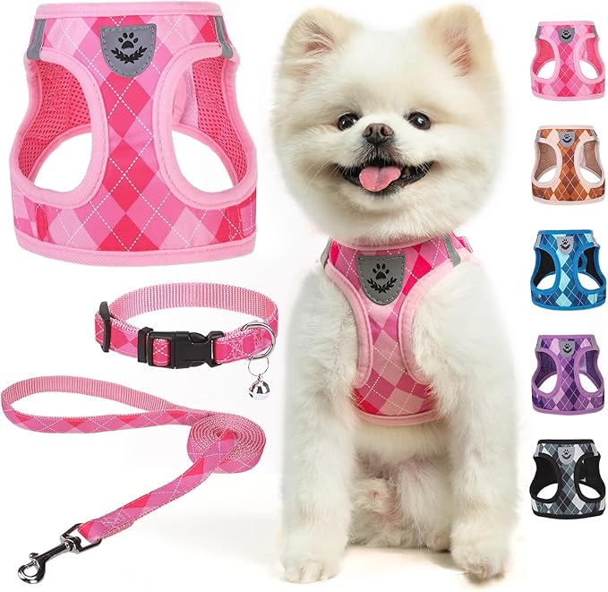 SCENEREAL Small Dog Harness and Leash Collar Set, Step in No Pull Soft Mesh Dog Harnesses for Small Medium Sized Dogs Puppy and Cats Outdoor Walking, No Chock Reflective Vest Harness, Pink Plaid XS