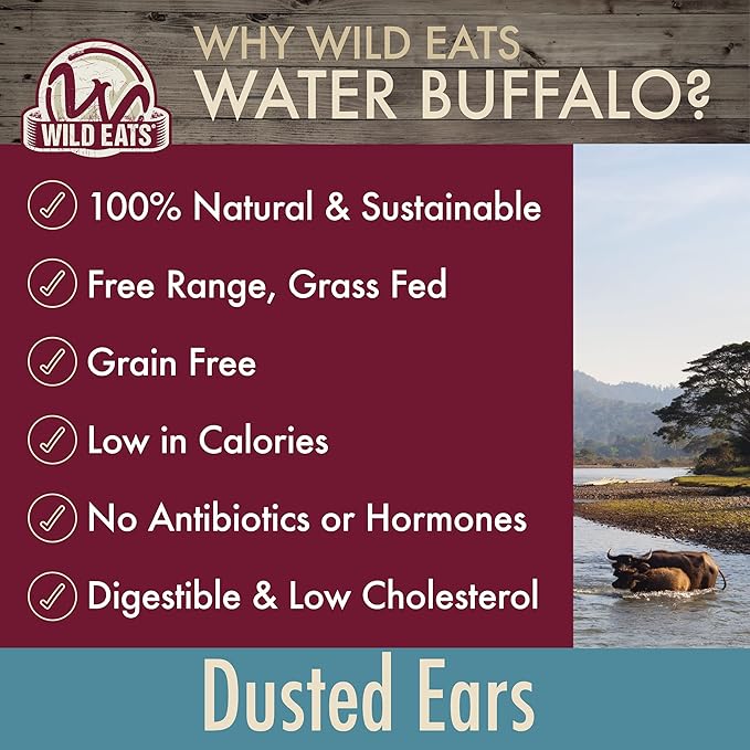 Wild Eats Water Buffalo All Natural Dusted Ear Dog Chews, Single Ingredient Treat - 20 Count (Grain Free Treats - Great Alternative to Pig Ears, Cow Ears, Bones & Rawhides for Dogs)