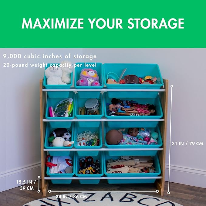 Humble Crew Kids Toy Storage Organizer with 12 Plastic Bins, Natural Wood/Aqua – Removable Bins for Playroom, Bedroom, Toddler Furniture for Boys and Girls Ages