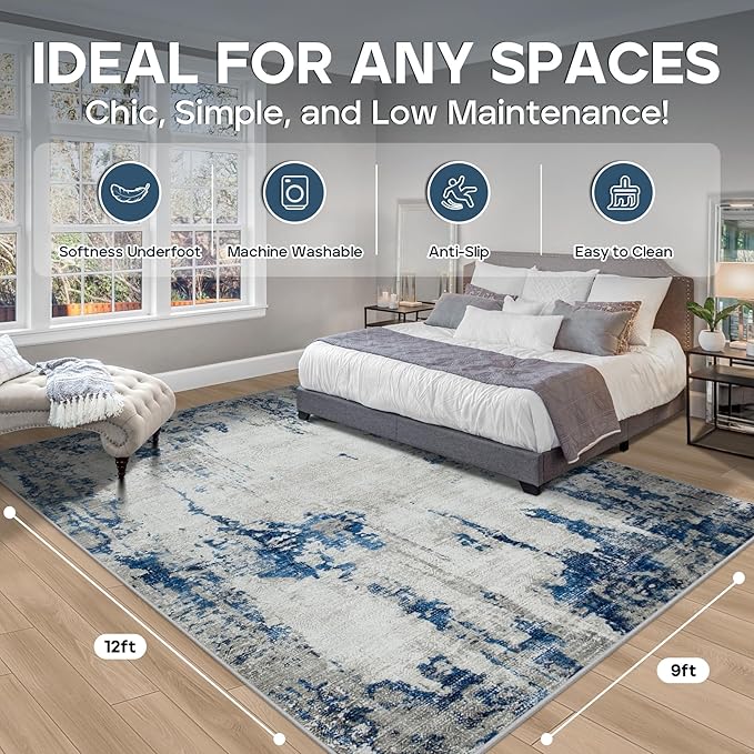 8x10 Area Rugs for Living Room Rug Washable: Modern Large Rug for Dining Room Bedroom Carpet Non Slip 8 by 10 Indoor Abstract Nursery Home Office Blue White