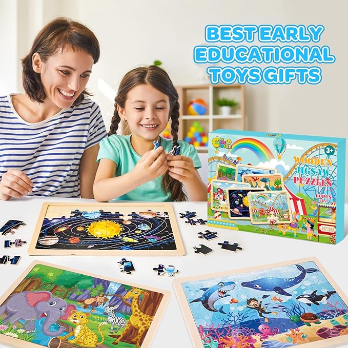 LACCHOUFEE 6 Pack Wooden Vehicle Puzzles for Kids Age 3 4 5 Year Old, 60 Pcs Montessori Toddler Animals Jigsaw Puzzles for Girl boy Activities Preschool Learning Birthday Gift Travel Autistic Toy