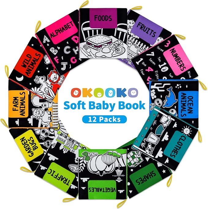 OKOOKO Soft Baby Books Black and White High Contrast 12PCS Soft Cloth Books Bath Books Crinkle Washable Non-Toxic Early Education Preschool Learning Toy for Newborns Babies Infants Toddlers Kids