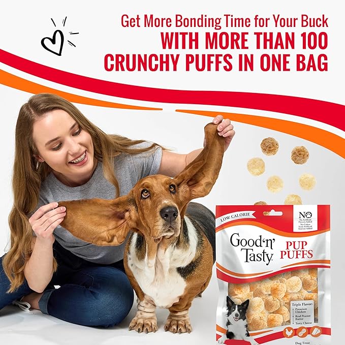 Good ‘n’ Tasty Pup Puffs, 8 Ounces, Low-Calorie Cheese Puff-Inspired Dog Treats, Flavored with Premium Chicken, Real Peanut Butter or Tasty Cheese, Light & Crispy Texture