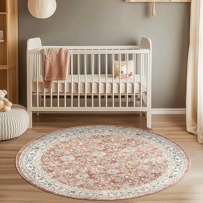 jinchan Round Rug 5ft Washable Circle Soft Rug - Low Pile Vintage 5'Round Indoor Orange Floral Print Stain Resistant Boho Carpet Ultra-Thin Non-Slip for Entryway Nursery Bedroom Dining Room Kitchen
