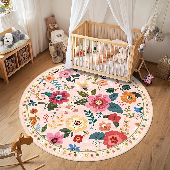 Floral 4ft Area Rug Machine Washable Soft Print Boho Carpet Non Slip Doormat Low Pile Flower Area Rugs for Living Room Bedroom Nursery Kitchen Dining Room Indoor-Pink