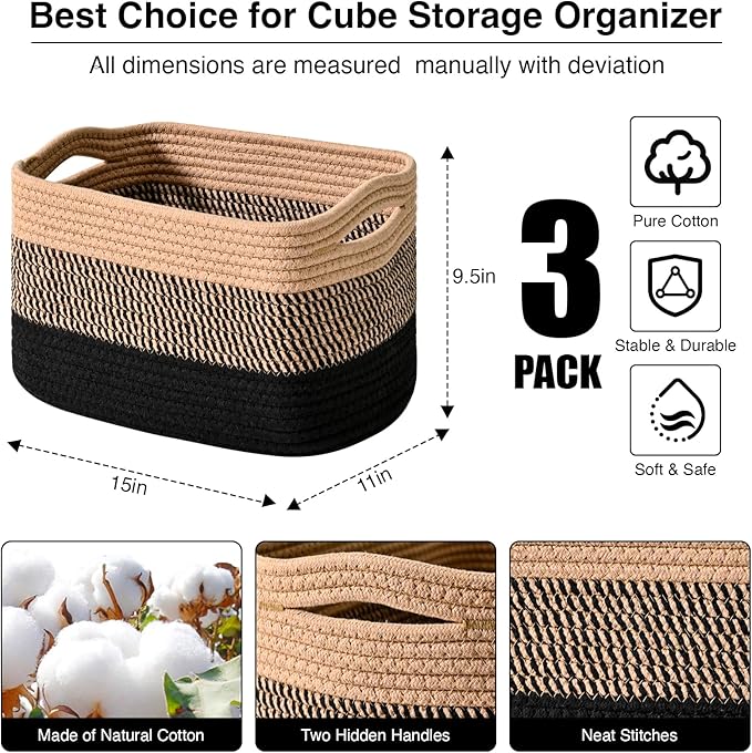 Storage Baskets for Organizing Shelves, Decorative Baskets for Storage, Woven Cotton Rope Basket for Living Room Bedroom Nursery, 15"x11"x9.5", 3 Packs, Gradient Black & Jute