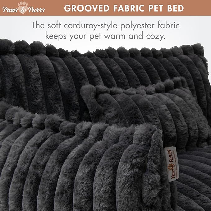 Grooved Pet Bed for Small to Medium Dogs or Cats, Soft Ribbed Corduroy-Style Polyester Fabric, Supportive Bolsters, Removable Cover, Non-Slip Base, Sofa Pet Lounger with Mini Play Cushion, Dark Gray
