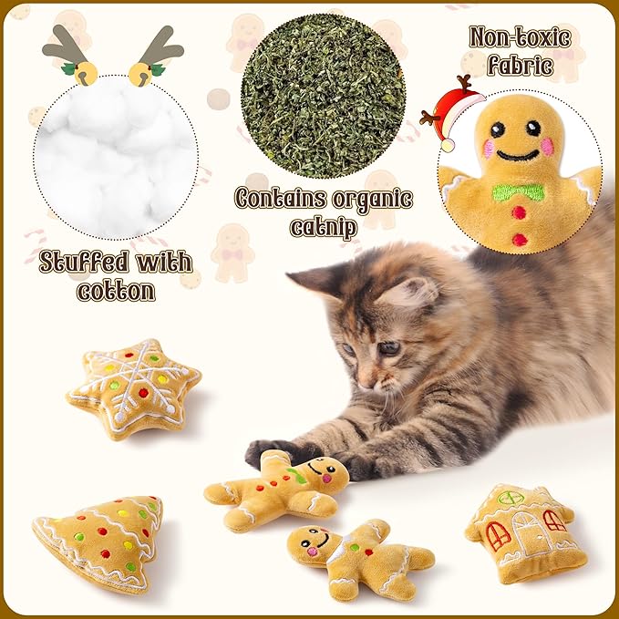 MALLMALL6 Catnip Toys for Cat - 5Pcs Christmas Gingerbread Catmint Interactive Cat Toy for Indoor Kitten, Soft Kitty Supplies, Kitten Teething Chew Kick Toy Set, Pet Xmas Gifts for Kitty Lover
