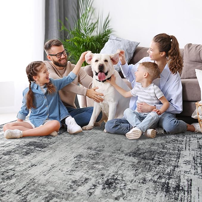 6x9 Area Rugs for Living Room Rug Washable: Modern Rug for Dining Room Bedroom Carpet Non Slip Low Pile 6 by 9 Indoor Abstract Nursery Home Office Black Grey