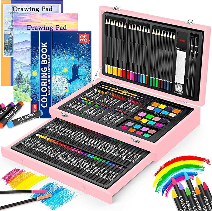 iBayam Arts and Crafts Gifts for Kids 6-14 Year, Teens Girls Christmas Gifts, 150-Pack Art Set Kits with 2 Sketch Pads, Coloring Book, 24 Colored Pencils, 24 Oil Pastels, 24 Watercolor, 60 Crayons