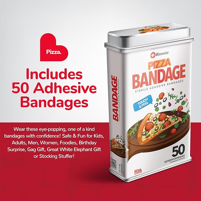 BioSwiss Bandages, Pizza Shaped Self Adhesive Bandage, Latex Free Sterile Wound Care, Fun First Aid Kit Supplies for Kids, 50 Count