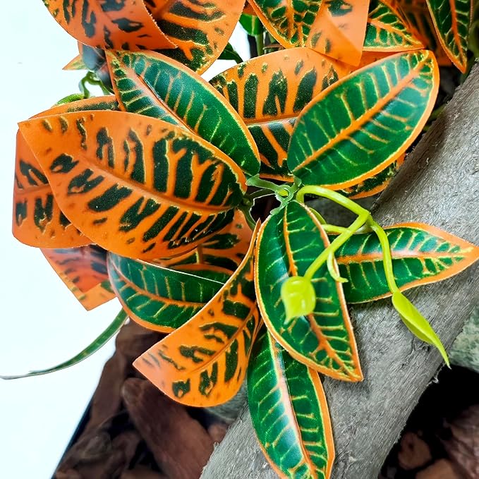 Woyrise Reptile Plants for Terrarium Decor, Ball Python Tank Accessories fit Bearded Dragon Crested Leopard Gecko Lizard Chameleon Snake Frog Tortoise Hermit Crab - Fake Codiaeum Variegatum